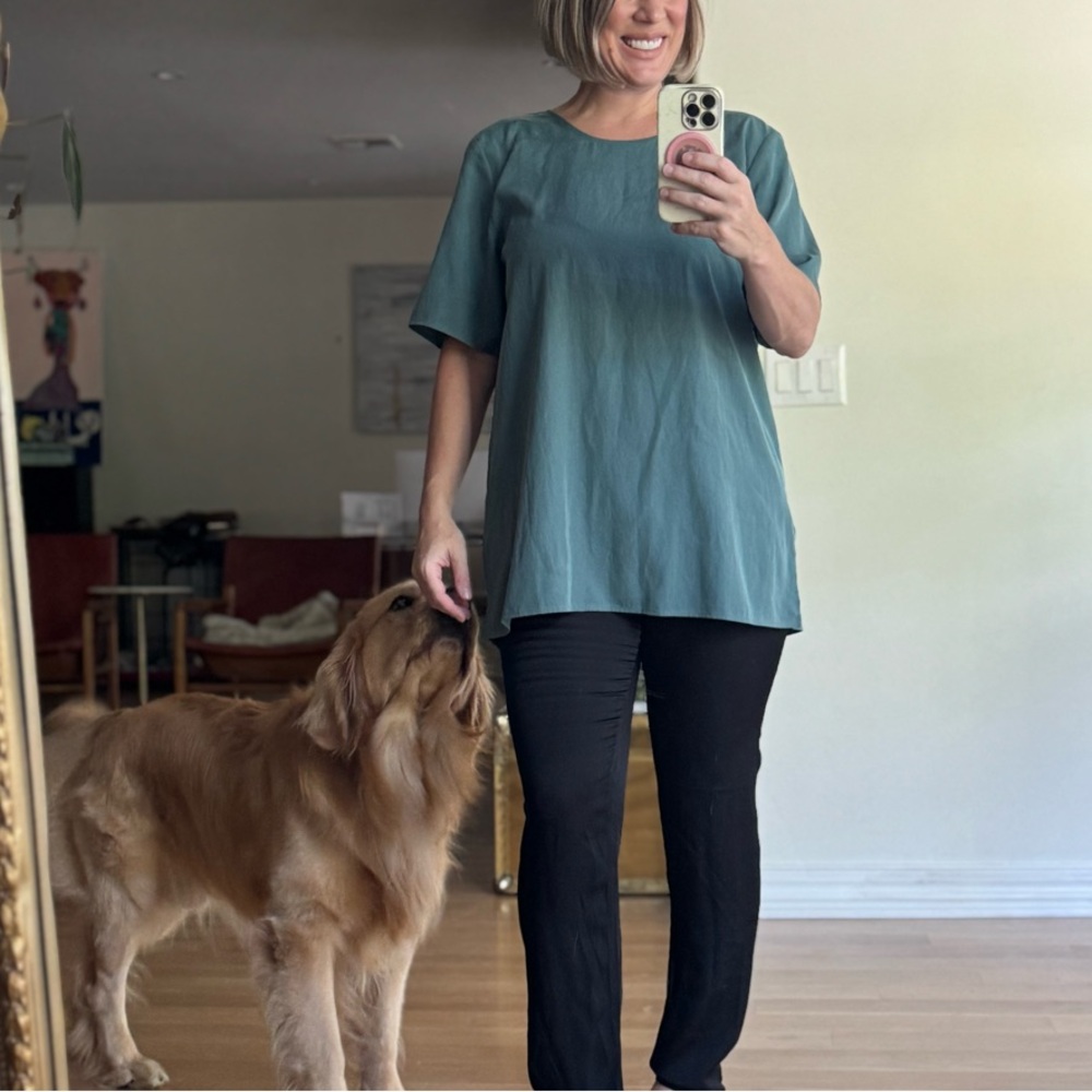 Eileen Fisher Wisteria Teal Short Sleeve Tunic Top Blouse Blue Size Medium